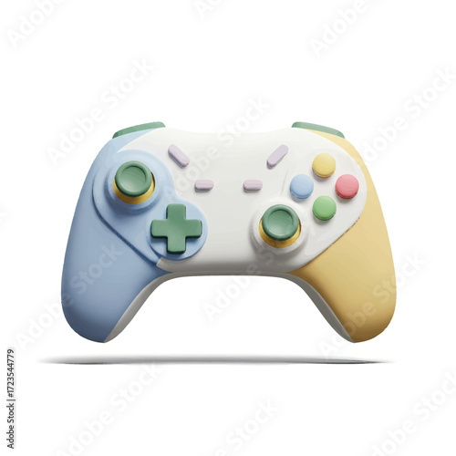 Pastel colored gamepad floats against a white backdrop, suggesting leisure and modern gaming with a playful, minimalist aesthetic.