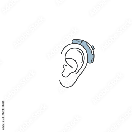 Ear with hearing aid in minimalist line art style  