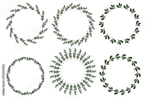 A set of wreaths and Christmas decorations. A Christmas wreath, fir branches, plants, and Christmas trees. An illustration for the holiday.