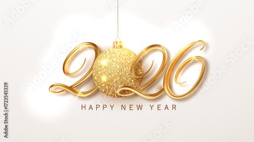 Realistic golden 2026 numbers with glitter and Xmas decor. Elegant white background perfect for Christmas and New Year posters or banners