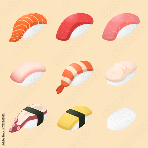 Assorted nigiri sushi set vector illustration with salmon, tuna, medium fatty tuna, sea bream, shrimp, scallop, tamagoyaki, and octopus on vinegared rice