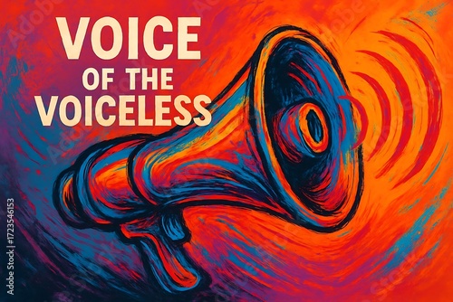 Vibrant megaphone amplifying the voice of the voiceless against a textured background