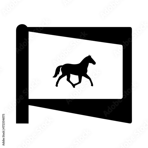 Black silhouette of a horse on a white flag