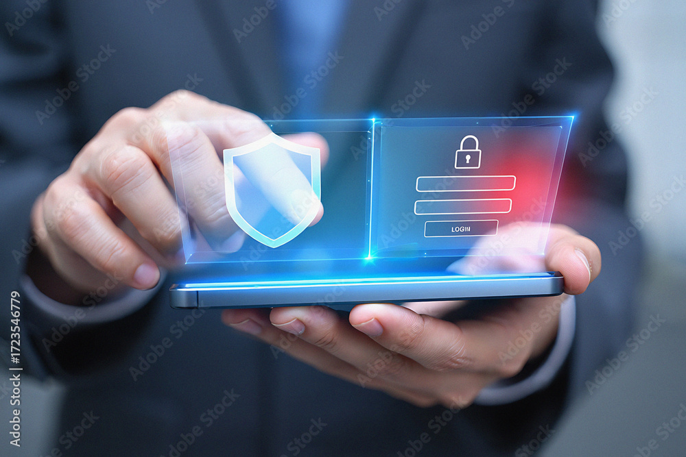 Person holding smartphone displaying security shield and login interface on the screen Person holding smartphone displaying security shield and login interface on the screen