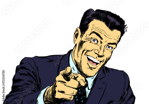 Businessman in blue suit confidently pointing finger for directing attention, leadership, and successful decision making in cartoon pop art illustration style