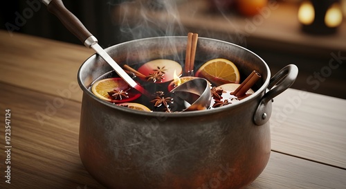 Mulled wine in pot.