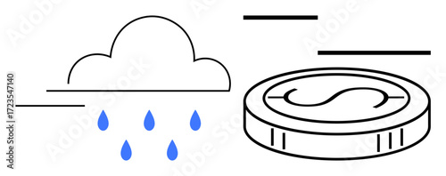 Cloud releasing rain alongside a dollar coin, conveying concepts of wealth, investment, challenges, or resources. Ideal for finance, economy, savings, sustainability business planning challenges