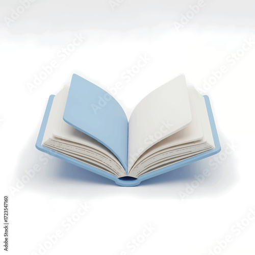 Open book with blue cover rests on a white surface, inviting readers to explore its blank pages and imagine stories, creating a sense of anticipation and creativity.