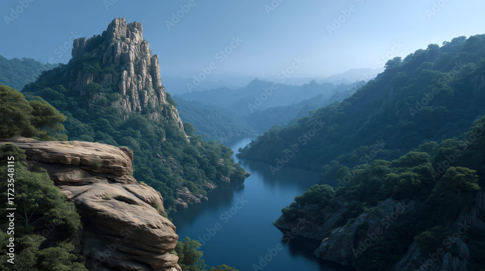 Naklejka premium Scenic View of Serene Lake Surrounded by Cliffs at Golden Sunset