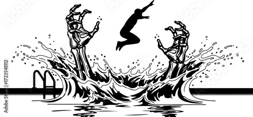 A daring silhouette leaps into a vibrant pool, framed by skeletal hands emerging from the water, isolated on white background, creating a surreal scene