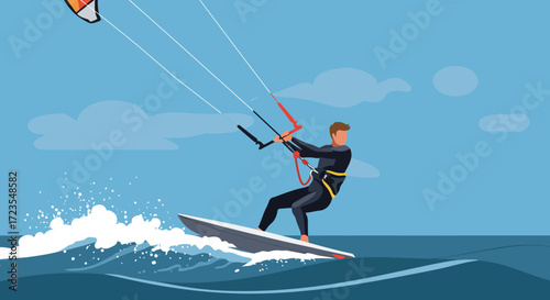 Kitesurfing Action Shot A Man Rides the Waves with Kite in a Blue Ocean