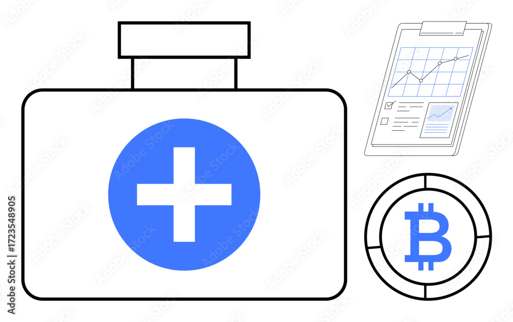 Fototapeta premium Medical kit with cross, Bitcoin coin, and analytics chart representing health, financial technology, digital payment. Ideal for blockchain, investment, fintech, healthcare innovation data analysis