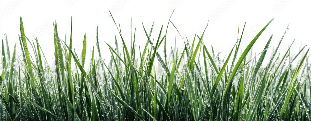 Obraz premium The Green Grass Blades with Dew Drops in Morning Light on White Background