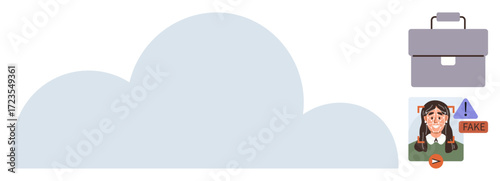 Cloud highlighting digital tools, briefcase symbolizing professional solutions, girl s photo flagged as fake. Ideal for technology, cybersecurity, misinformation awareness, education, ethics, AI