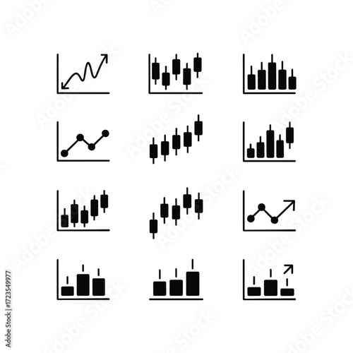 Collection of financial chart icons representing stock market trends and trading data analysis