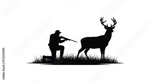 Hunter aiming rifle at majestic stag in grassy field silhouette