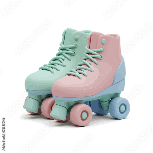 Pastel roller skates sitting on white surface, showcasing retro style and fun vibes. in a professional setting with great clarity.