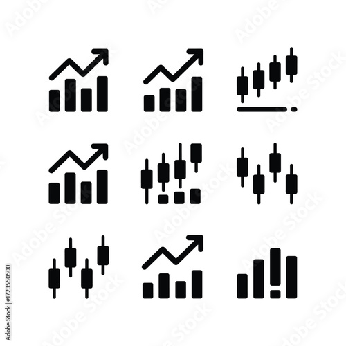 Collection of financial trading charts icons representing stock market growth and investment performance data