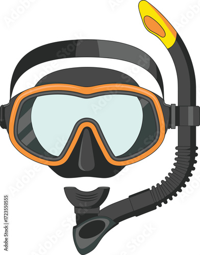Professional scuba diving mask with snorkel tube for underwater swimming, snorkeling adventure gear, ocean exploration equipment, water sport accessory illustration isolated
