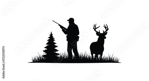 Hunter with rifle stands near majestic deer a striking silhouette