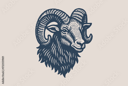 Ram head engraving style blue on beige vector illustration