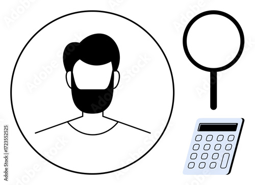 Avatar in circle alongside magnifying glass and calculator. Ideal for identity verification, research, personalization, analysis, optimization, evaluation, professional tools. Simple flat metaphor