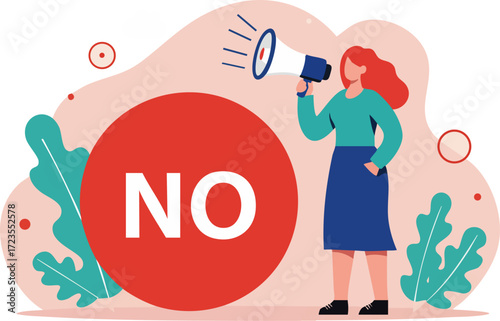 Flat Design Woman Holding Megaphone with NO Sign