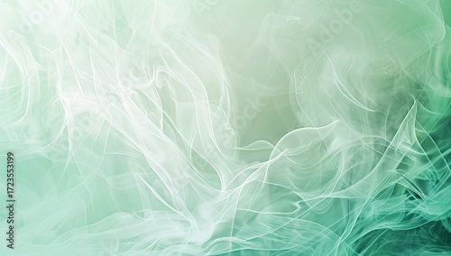 Abstract artwork featuring flowing, translucent, light-green and white forms resembling smoke or fabric, creating a dreamy, ethereal atmosphere