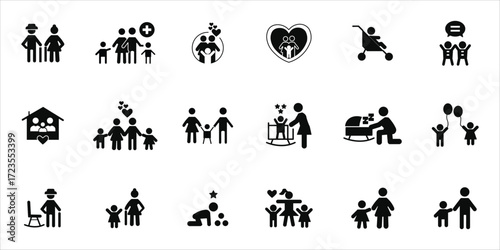 family icons set. sister, mother, father, children and more. simple solid vector illustration