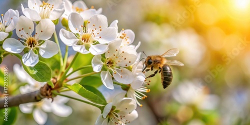 bee on a flowering pear in a garden with a blurred background of trees and flowers