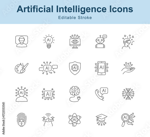 Artificial Intelligence Line Icons Set. Editable Stroke Vector Illustration. AI Technology, Robotics, Data Science, Machine Learning, Neural Network, Innovation, Digital Future Etc.