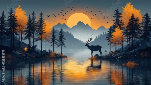 Fototapeta Naklejka Na Ścianę i Meble -  3D golden forest wallpaper with deer and birds in paper - cut style on dark blue, luxury wall art for home
