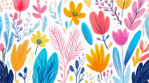 Vibrant and Playful Abstract Botanical Pattern with Colorful Stylized Flowers and Leaves on Bright White Background, Evoking Cheerful Spring or Summer Garden Illustration
