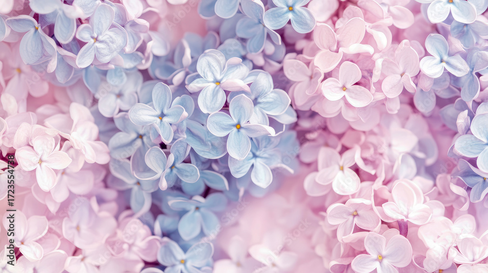 Obraz premium Elegant and ethereal close-up of abundant pastel pink and serene blue lilac flowers, forming soft, dreamy, and delicate natural spring background.