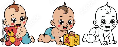 Cartoon babies playing with toys, colorful and black-and-white characters, cute infant illustration, joyful childhood scene, crawling and sitting poses, nursery art