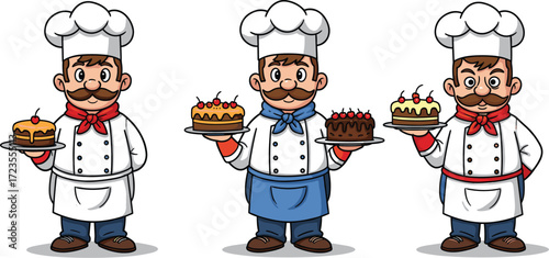 Cartoon chefs holding cakes, bakery team illustration, dessert celebration characters, pastry professionals in uniform, smiling cooks, food art, baking concept, kitchen staff