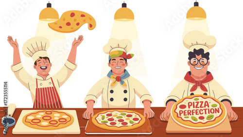 Cartoon chefs making pizza in kitchen, joyful culinary illustration, playful cooking scene, colorful food preparation design, teamwork concept, fun restaurant vibe