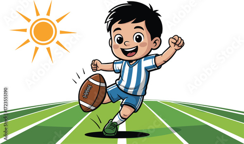 Cartoon child kicking football on sports field, playful athletic illustration, cheerful outdoor activity scene, sunny day design, fun kids recreation concept