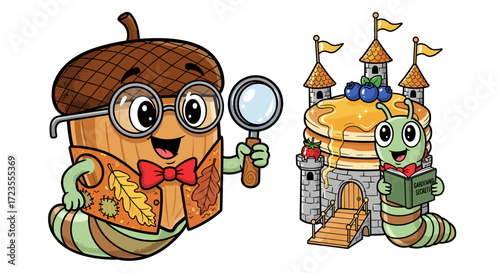 A charming cartoon illustration features an inquisitive acorn worm detective with a magnifying glass and a delightful worm reading beside a whimsical pancake castle.