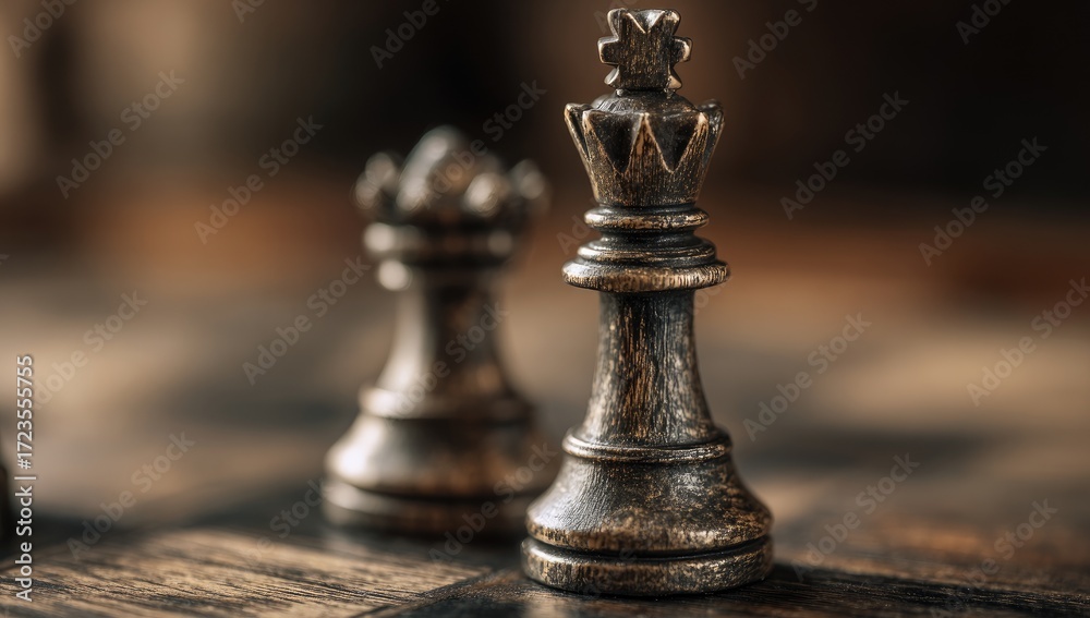Fototapeta premium Close-up of black chess pieces on a wooden board