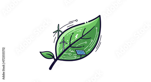 Vibrant green leaf symbolizes modern green technology and clean energy with wind turbines and solar panel