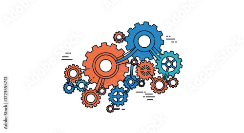 Dynamic interconnected gears symbolizing teamwork, progress, and efficient business