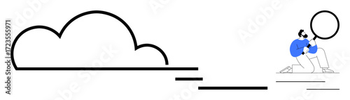 Minimalist concept of a person analyzing a cloud with a magnifying glass. Ideal for cloud computing, research, technology, innovation, data analysis, problem-solving, and simplicity themes. A simple