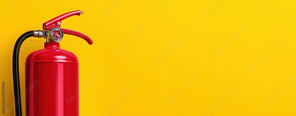 Obraz premium The red fire extinguisher on yellow background with ample copy space for safety