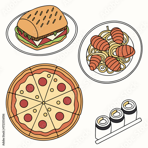 Various delicious foods set, top view plates of fast foods isolated on white background. Assortment of top view food dishes. pizza, pasta, salmon, lasagna, rolls, bbq, ice cream. Italian food