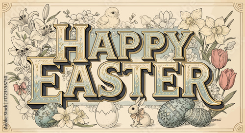Vintage-style 'Happy Easter' greeting with ornate lettering, surrounded by flowers, eggs, a chick, and a bunny.