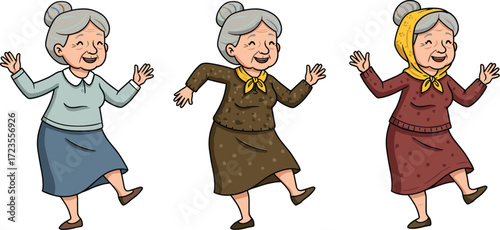Cartoon elderly women dancing joyfully, cheerful senior character illustration, playful movement scene, vibrant lifestyle design, fun aging concept, energetic golden years vibe