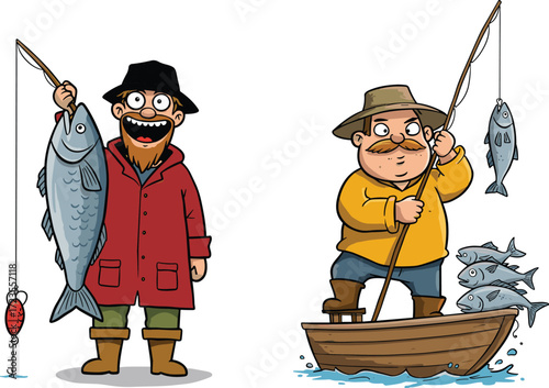 Cartoon fishermen with caught fish, land and boat fishing scenes, smiling characters in action, outdoor activity illustration, fun fishing moment, lifestyle concept