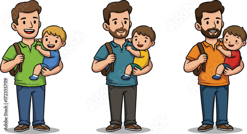 Cartoon fathers holding children, family bonding illustration, happy parent-child moment, colorful outfit design, smiling characters, parenting theme, fatherhood art, child care concept