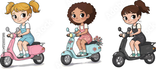 Cartoon girls riding scooters, playful transportation illustration, colorful character design, childhood travel theme, scooter art, happy kids, outdoor fun, motion concept